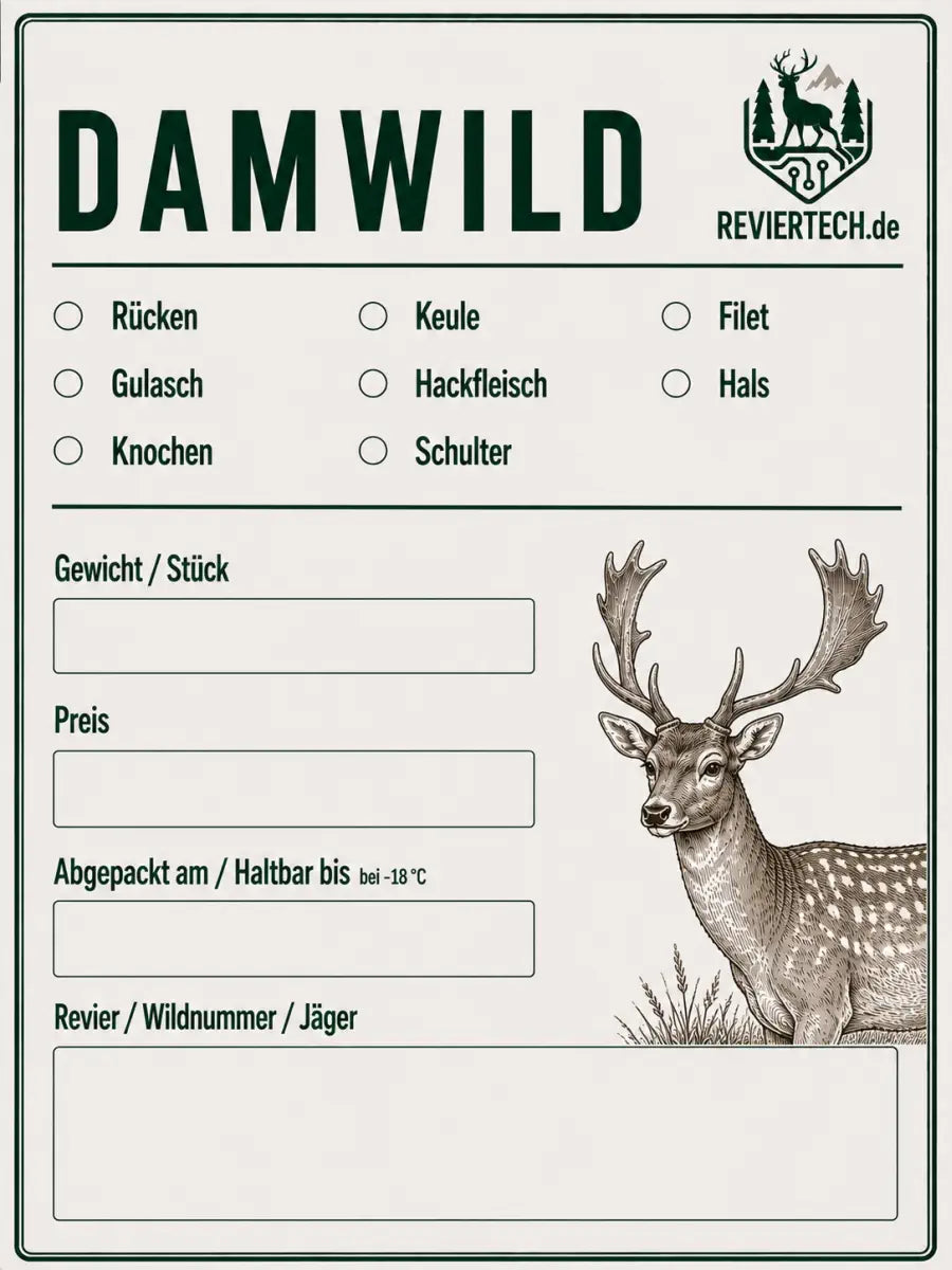 Wildbretetikett Damwild- reviertech.de